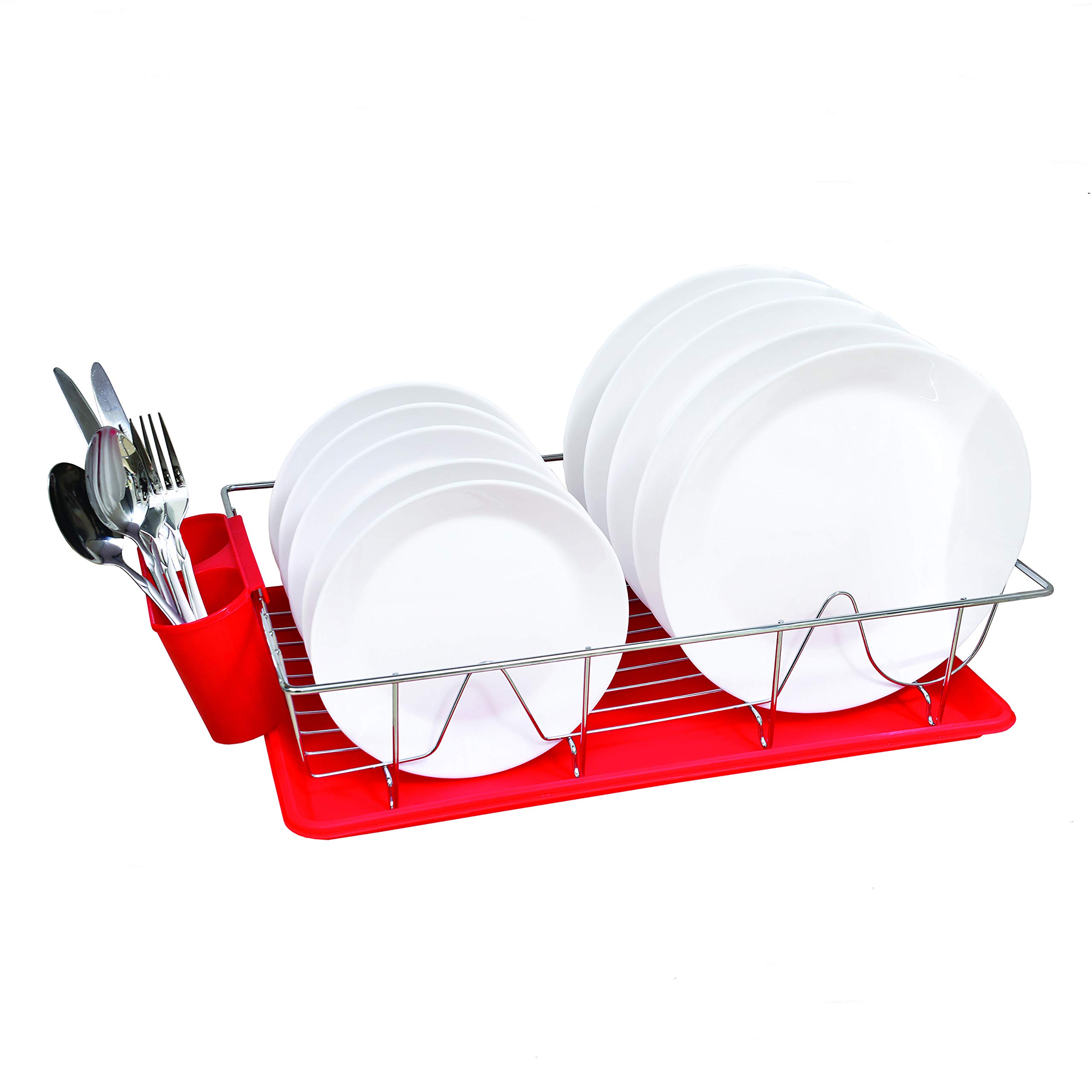 Kitchen Details 3 Piece Countertop Chrome Dish Drying Rack with Cutlery Basket and Drainboard Tray, Red