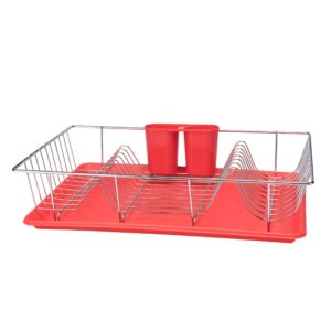 Kitchen Details 3 Piece Countertop Chrome Dish Drying Rack with Cutlery Basket and Drainboard Tray, Red