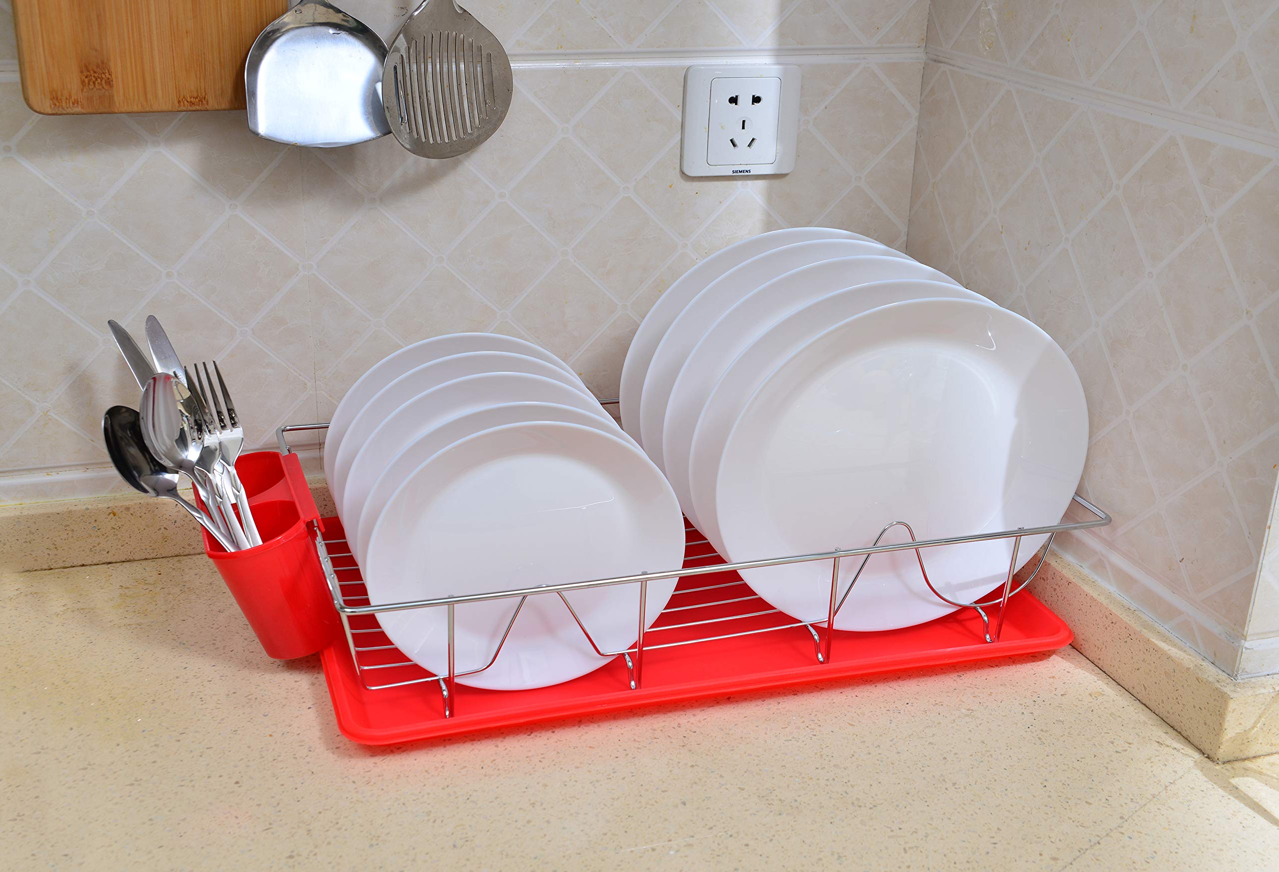 Kitchen Details 3 Piece Countertop Chrome Dish Drying Rack with Cutlery Basket and Drainboard Tray, Red