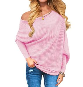 voianlimo women's off shoulder knit jumper long sleeve pullover baggy solid sweater (large, pink)