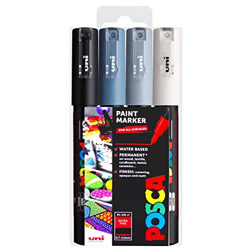 Uni POSCA - PC-1M Art Paint Markers - Set of 4 - In Plastic Wallet - Grey Tones