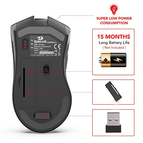 Redragon M652 Optical 2.4G Wireless Mouse with USB Receiver, Portable Gaming & Office Mice, 5 Adjustable DPI Levels, 6 Buttons for Desktop, MacBook, Notebook, PC, Laptop, Computer