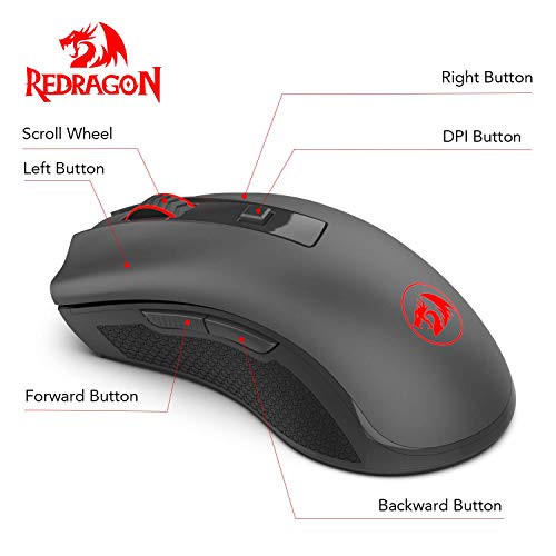 Redragon M652 Optical 2.4G Wireless Mouse with USB Receiver, Portable Gaming & Office Mice, 5 Adjustable DPI Levels, 6 Buttons for Desktop, MacBook, Notebook, PC, Laptop, Computer