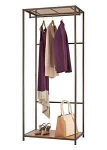 trinity garment rack with bamboo shelves for clothing storage, closet organization for home, apartment, bedroom, dorm room and more, modular design, bronze poles, 30” w x 20” d x 72” h