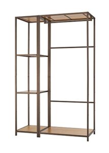 trinity garment rack with bamboo shelves and 4-tier shelf tower for clothing storage, closet organization for home with decorative book shelf and display stand, bronze