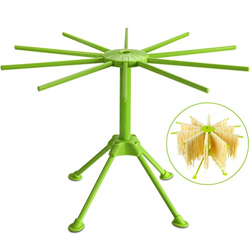 Pasta Drying Rack with 10 Bar Handles, Collapsible Household Noodle Dryer Rack Hanger (10 Bars, Green)