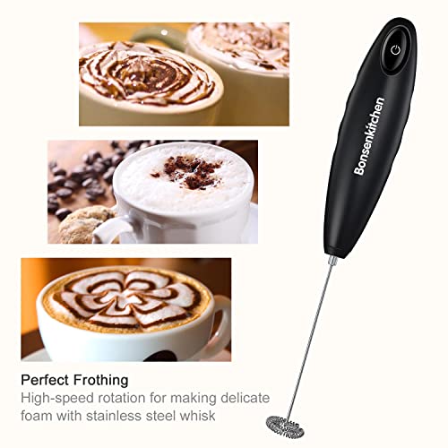 Bonsenkitchen Milk Frother Handheld, Automatic Milk Foam Maker Hand Frother for Coffee, Matcha, Hot Chocolate, Battery Operated Mini Drink Mixer-Black