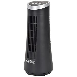 arctic-pro mini desk oscillating tower fan slim and compact size, 2-speed, ultra-quiet operation, convenient carrying handle, 75 degrees of oscillation for powerful circulation, 12 inches, black