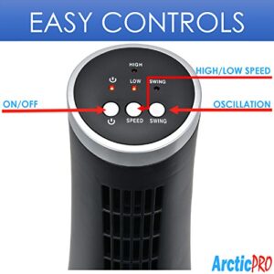 Arctic-Pro MINI DESK OSCILLATING TOWER FAN Slim and Compact Size, 2-Speed, Ultra-Quiet Operation, Convenient Carrying Handle, 75 Degrees of Oscillation For Powerful Circulation, 12 Inches, Black