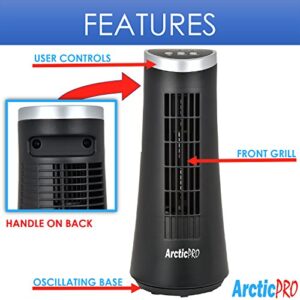 Arctic-Pro MINI DESK OSCILLATING TOWER FAN Slim and Compact Size, 2-Speed, Ultra-Quiet Operation, Convenient Carrying Handle, 75 Degrees of Oscillation For Powerful Circulation, 12 Inches, Black