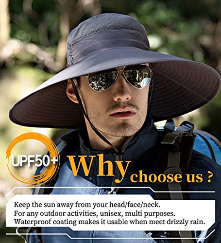 HLLMAN Super Wide Brim Sun Hat-UPF 50+ Protection,Waterproof Bucket Hat for Fishing, Hiking, Camping,Breathable Nylon & Mesh Dark Grey