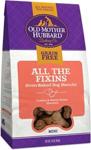 old mother hubbard by wellness all the fixins grain free natural dog treats, crunchy oven-baked biscuits, ideal for training, mini size, 16 ounce bag