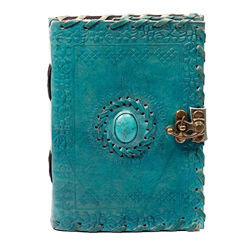 Tuzech Large Writing Notebook Handmade Leather Bound Vintage Journal For Women & Men with Lock & Semi-Precious Stone Gift For Art Sketchbook, Travel Diary & Notebooks To Write In 7 by 5 Inches Blue