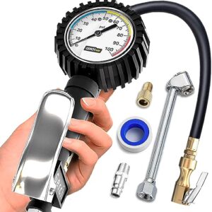 tire inflator with pressure gauge and longer hose - most accurate, heavy duty air chuck with gauge for air compressor tire inflator attachment - 100psi