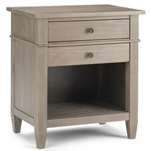 simplihome carlton 24 inches wide night stand, bedside table, distressed grey solid wood, rectangle, with storage, 2 drawers and 1 shelf, for the bedroom, contemporary modern
