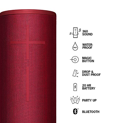 Ultimate Ears Megaboom 3 Portable Wireless Bluetooth Speaker (Powerful Sound + Thundering Bass, Bluetooth, Magic Button, Waterproof, Battery 20 Hours) - Sunset Red