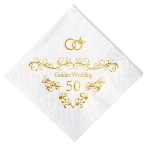 crisky 100 pcs napkins for 50th wedding anniversary beverage napkins 3-ply gold foil cocktail napkins for wedding anniversary shower