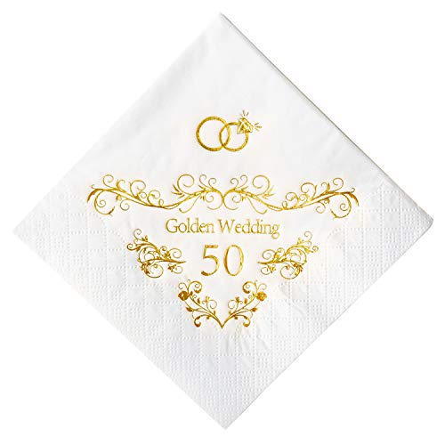 Crisky 100 Pcs Napkins for 50th Wedding Anniversary Beverage Napkins 3-Ply Gold Foil Cocktail Napkins for Wedding Anniversary Shower