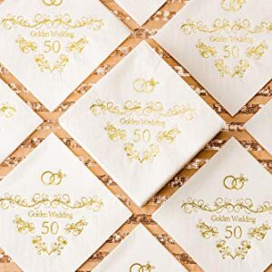 Crisky 100 Pcs Napkins for 50th Wedding Anniversary Beverage Napkins 3-Ply Gold Foil Cocktail Napkins for Wedding Anniversary Shower