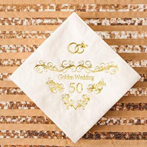 Crisky 100 Pcs Napkins for 50th Wedding Anniversary Beverage Napkins 3-Ply Gold Foil Cocktail Napkins for Wedding Anniversary Shower