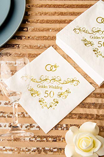 Crisky 100 Pcs Napkins for 50th Wedding Anniversary Beverage Napkins 3-Ply Gold Foil Cocktail Napkins for Wedding Anniversary Shower