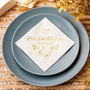 Crisky 100 Pcs Napkins for 50th Wedding Anniversary Beverage Napkins 3-Ply Gold Foil Cocktail Napkins for Wedding Anniversary Shower