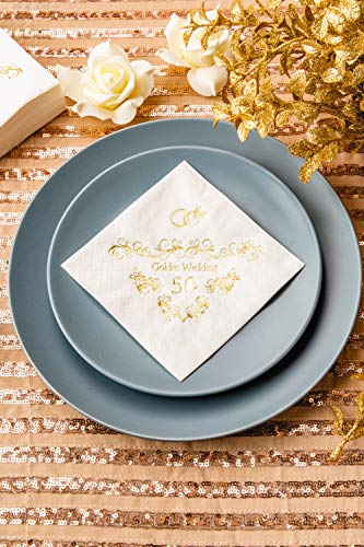 Crisky 100 Pcs Napkins for 50th Wedding Anniversary Beverage Napkins 3-Ply Gold Foil Cocktail Napkins for Wedding Anniversary Shower