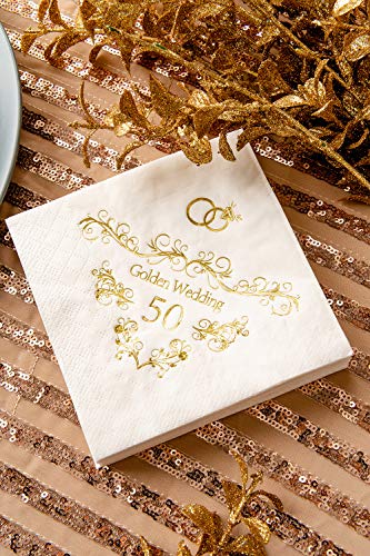 Crisky 100 Pcs Napkins for 50th Wedding Anniversary Beverage Napkins 3-Ply Gold Foil Cocktail Napkins for Wedding Anniversary Shower