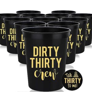 dirty thirty crew 30th birthday party cups and 1"talk thirty to me" button, set of 12, 16oz black and gold 30th birthday stadium cups, perfect for birthday parties,birthday decorations (regular)