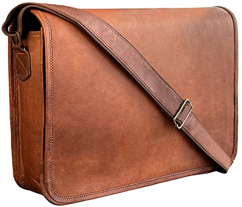 RUSTIC TOWN 14 inch Vintage Crossbody Genuine Leather 13.3-inch Laptop Messenger Bag Gifts for Him Her (Medium, Brown)