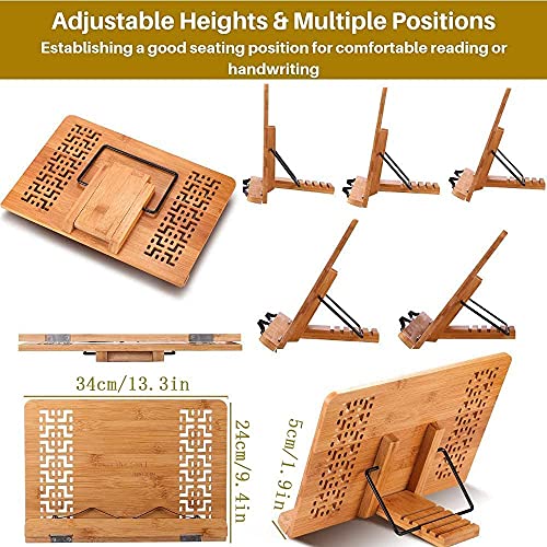 SUNFICON Large Cookbook Stand Holder Bamboo Book Stand Holder Home Office Reading Rest Textbook Recipe Music Document Tablet Display Stand Collapsible Adjustable Tray Family Friends Students Gift Idea