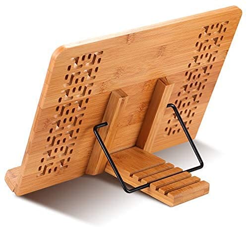 SUNFICON Large Cookbook Stand Holder Bamboo Book Stand Holder Home Office Reading Rest Textbook Recipe Music Document Tablet Display Stand Collapsible Adjustable Tray Family Friends Students Gift Idea