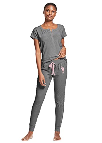 U.S. Polo Assn. Womens Pajama Set - Short Sleeve PJs with Joggers - Sleepwear Set Ideal for Lounging (Charcoal Heather Sky, 2X)