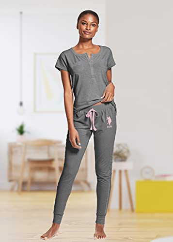 U.S. Polo Assn. Womens Pajama Set - Short Sleeve PJs with Joggers - Sleepwear Set Ideal for Lounging (Charcoal Heather Sky, 2X)