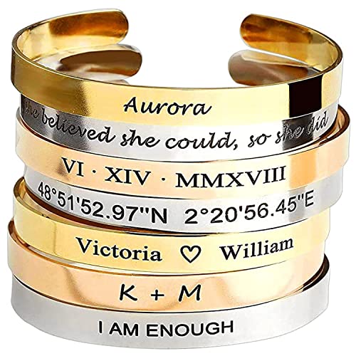 Cuff Engraved Bracelet Graduation Gift for Her Teacher Appteciation Personalized Bangle for Women Custom Name Inspirational Friendship Bridesmaid Proposal Coordinate - FBR