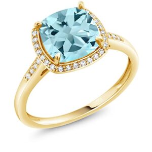 gem stone king 10k yellow gold sky blue topaz and diamond engagement ring for women (2.74 cttw, gemstone birthstone, cushion cut 8mm, available in size 5, 6, 7, 8, 9)