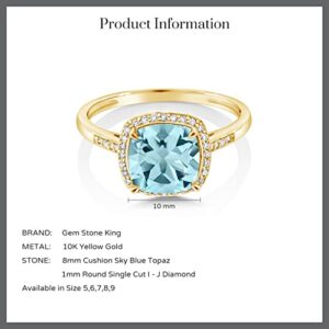 Gem Stone King 10K Yellow Gold Sky Blue Topaz and Diamond Engagement Ring For Women (2.74 Cttw, Gemstone Birthstone, Cushion Cut 8MM, Available in size 5, 6, 7, 8, 9)