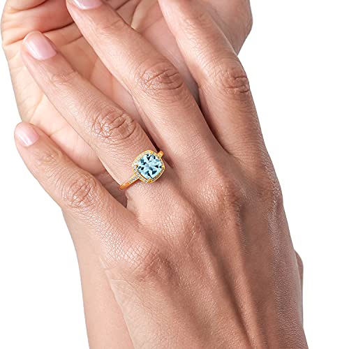 Gem Stone King 10K Yellow Gold Sky Blue Topaz and Diamond Engagement Ring For Women (2.74 Cttw, Gemstone Birthstone, Cushion Cut 8MM, Available in size 5, 6, 7, 8, 9)