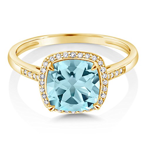 Gem Stone King 10K Yellow Gold Sky Blue Topaz and Diamond Engagement Ring For Women (2.74 Cttw, Gemstone Birthstone, Cushion Cut 8MM, Available in size 5, 6, 7, 8, 9)