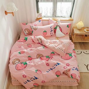 AOJIM Pure Cotton Pink Grids Strawberry Fitted Sheet Queen 60"x80"with 15" Deep Pocket Cute Mattress Cover, Only One Bed Sheet for Girls