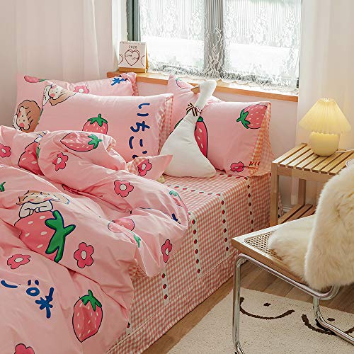 AOJIM Pure Cotton Pink Grids Strawberry Fitted Sheet Queen 60"x80"with 15" Deep Pocket Cute Mattress Cover, Only One Bed Sheet for Girls