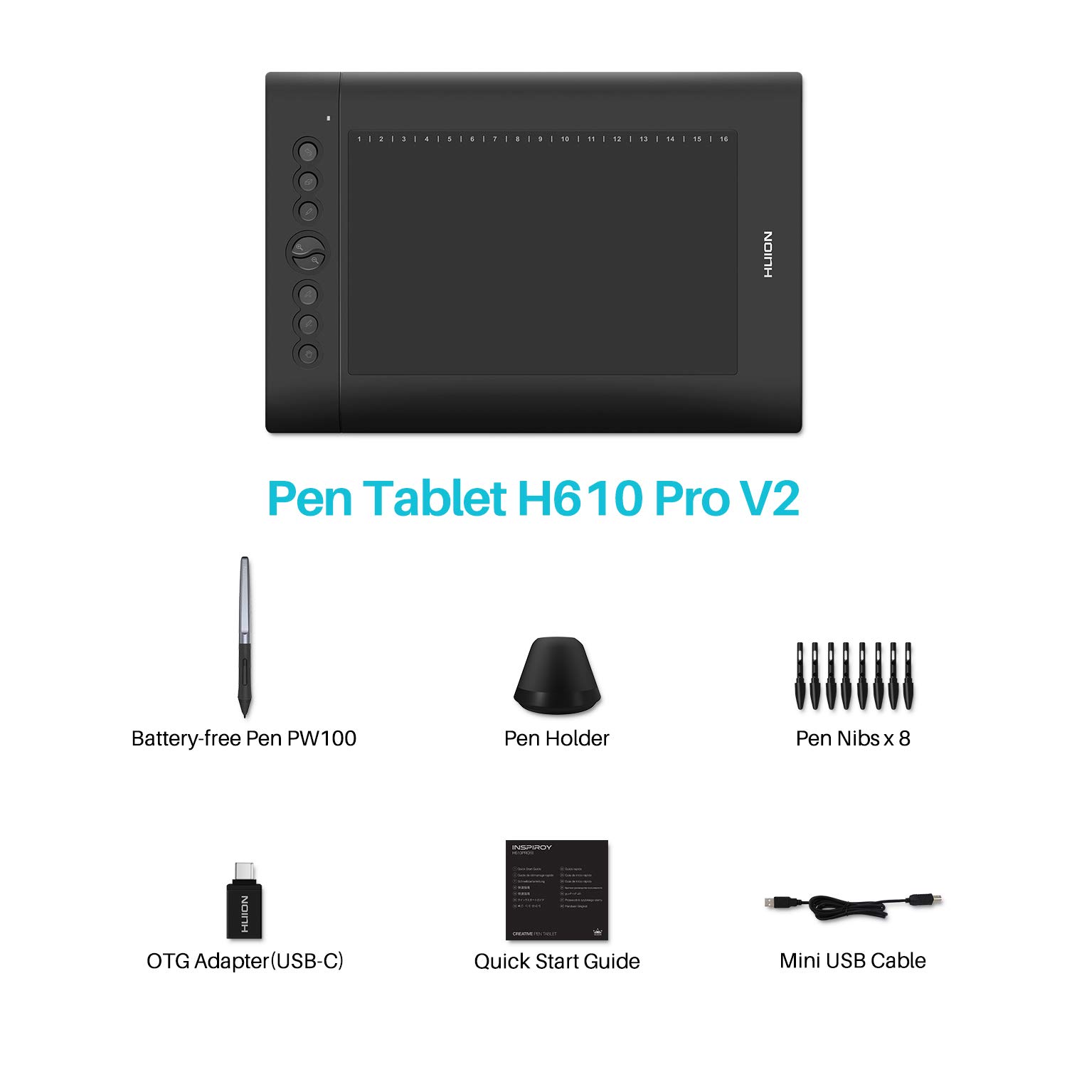 HUION H610 Pro V2 Graphic Drawing Tablet Android Supported Pen Tablet Tilt Function Battery-Free Stylus 8192 Pen Pressure with 8 Express Keys