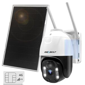 4g lte cellular solar security camera outdoor wireless, genbolt 8w 15600mah battery operated surveillance camera no wifi, ptz ip camera system with sim card, pir siren alarm with humanoid detection