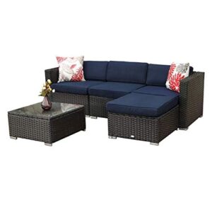 phi villa outdoor patio sectional furniture set 5 piece low-back rattan sofa set wicker patio conversation set with 4 seat cushions and 1 tempered glass table (navy blue)