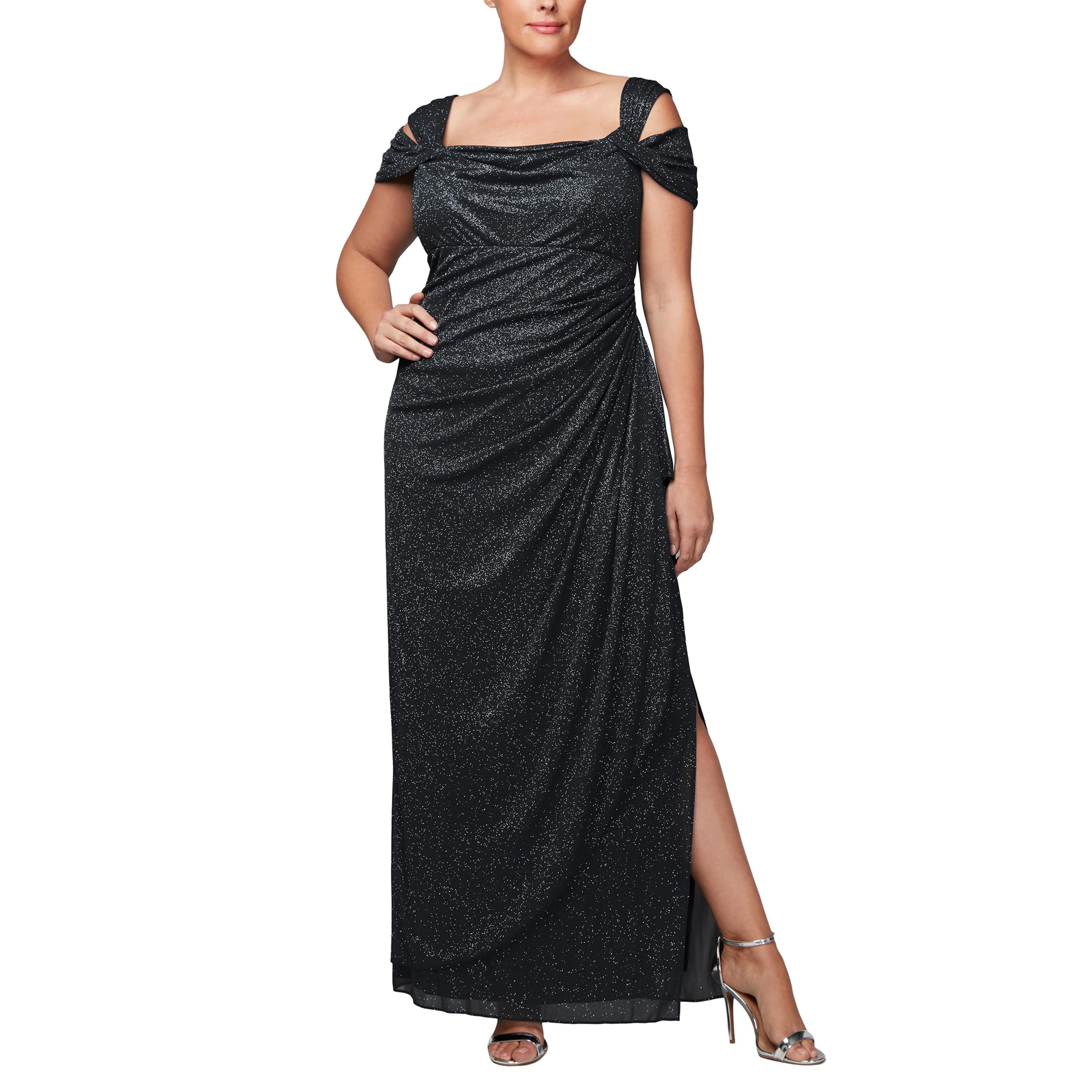 Alex Evenings Women's Plus Size Long Cold Shoulder Dress with Ruched Skirt, Black Glitter, 18W