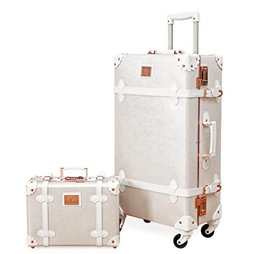 urecity vintage suitcase set for women, vintage luggage sets for women 2 piece, cute designer trunk luggage, retro suit case (Rose White, 24"+12")