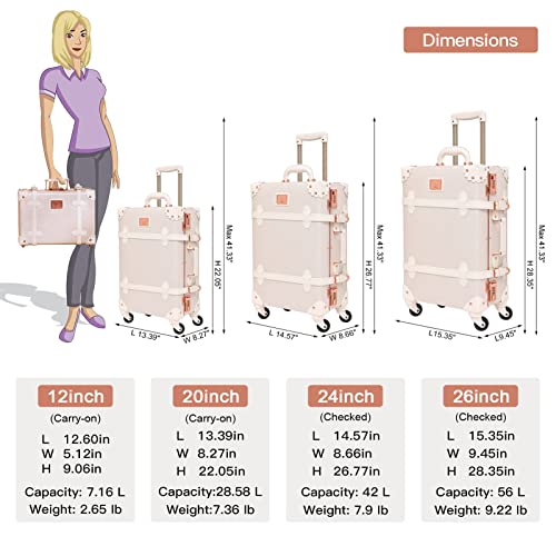 urecity vintage suitcase set for women, vintage luggage sets for women 2 piece, cute designer trunk luggage, retro suit case (Rose White, 24"+12")