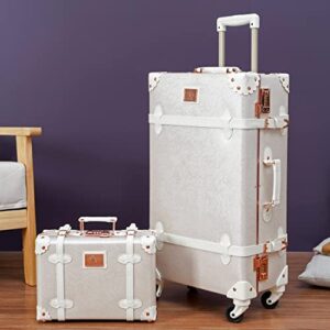 urecity vintage suitcase set for women, vintage luggage sets for women 2 piece, cute designer trunk luggage, retro suit case (Rose White, 24"+12")