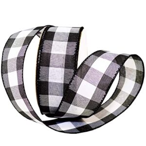 Morex Ribbon 7398.60/50-613 Cambridge 2.5" X 50 YD Wired Ribbon, Black and White, Buffalo Check Plaid Ribbon for Gift Wrapping, Christmas Decorations Indoor Home Decor, Craft Supplies & Materials