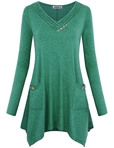 MOQIVGI Tunic Tops for Leggings for Women Cowl Neck Long Sleeve Fall Shirts Modest Career Office Wear Cozy Modern Fit Sharkbite Hem A-line Pullover Sweatshirt with Pockets Green XX-Large